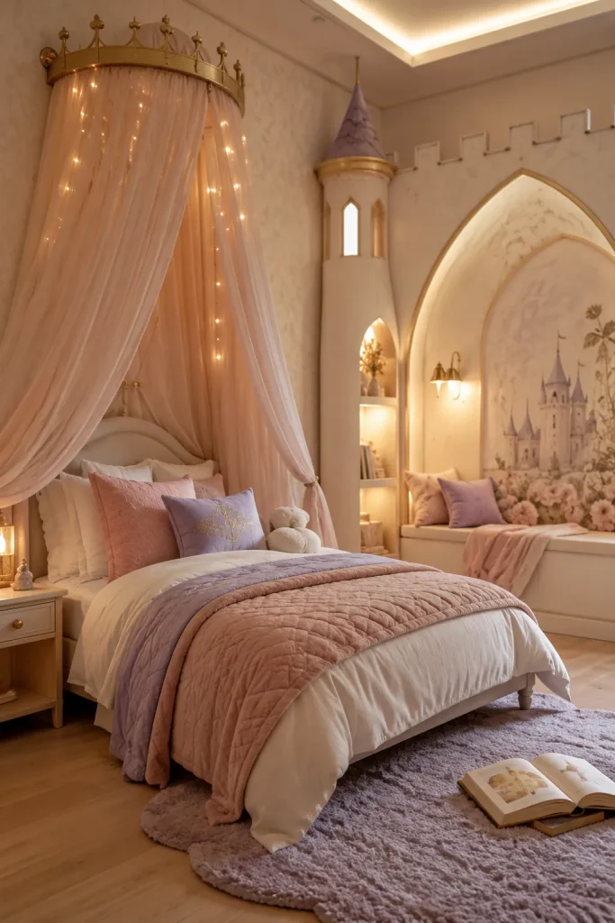 airytale kids bedroom with castle-inspired decor, canopy bed, blush bedding, soft gold accents, and magical lighting.