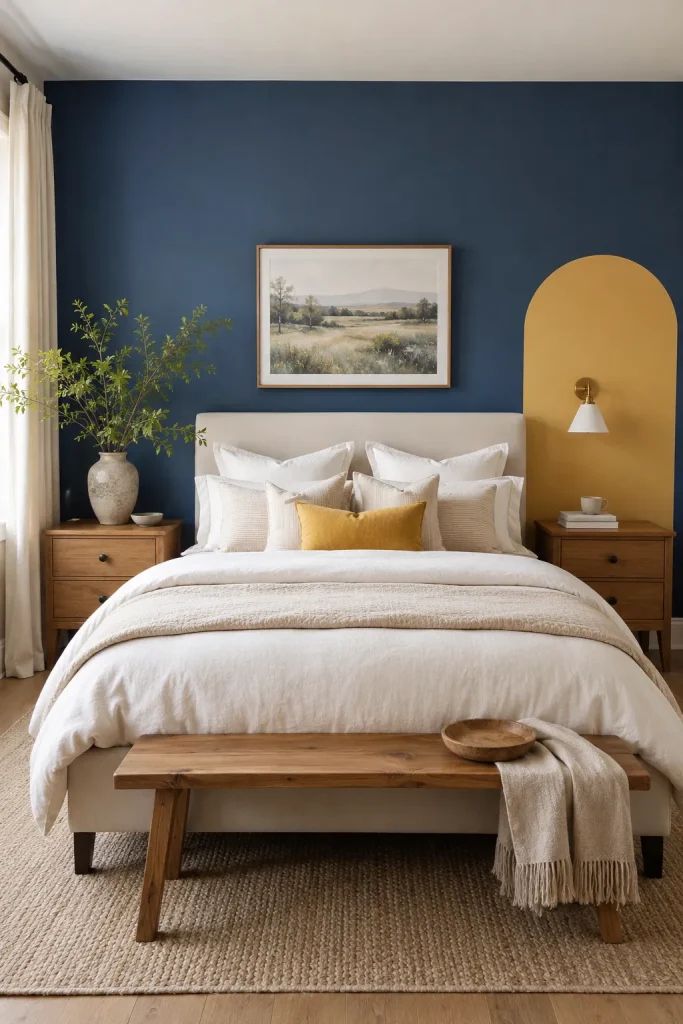 Blue and yellow bedroom walls with painted blue accent wall, yellow decor accents, neutral bedding, and stylish balanced color design.