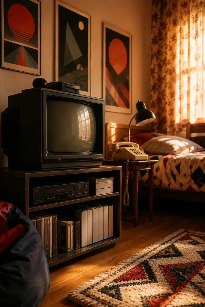 Movie-inspired 80s bedroom corner with retro TV-style setup, cassette tapes, blank VHS cases, floral curtains, vintage phone, and graphic bedding.