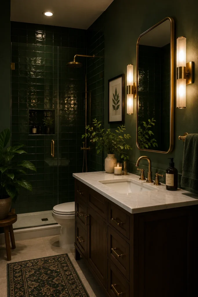 Elegant dark green bathroom featuring deep forest green walls, glossy green shower tiles, wood vanity, white sink, brass fixtures, warm wall sconces, and modern luxury decor.