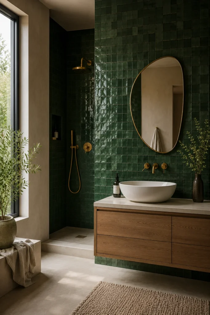 Luxury bathroom featuring a floor-to-ceiling emerald green zellige tile wall, floating oak vanity, asymmetrical mirror, white vessel sink, brass fixtures, and soft natural daylight.