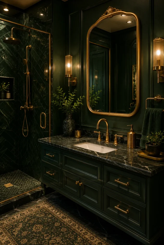Luxury bathroom with dark green walls, gold-framed mirror, gold faucet, marble countertop, elegant vanity, warm lighting, and sophisticated high-end decor.