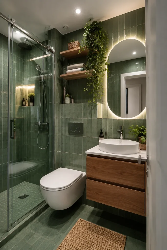 Small modern bathroom with glossy sage green tiles, compact vanity, glass shower door, and bright mirror.