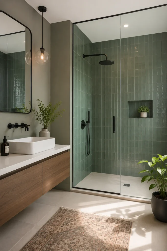 Modern green bathroom with a sleek floating vanity, matte black fixtures, soft green vertical tile shower, glass enclosure, minimal décor, natural light, and realistic contemporary interior design.