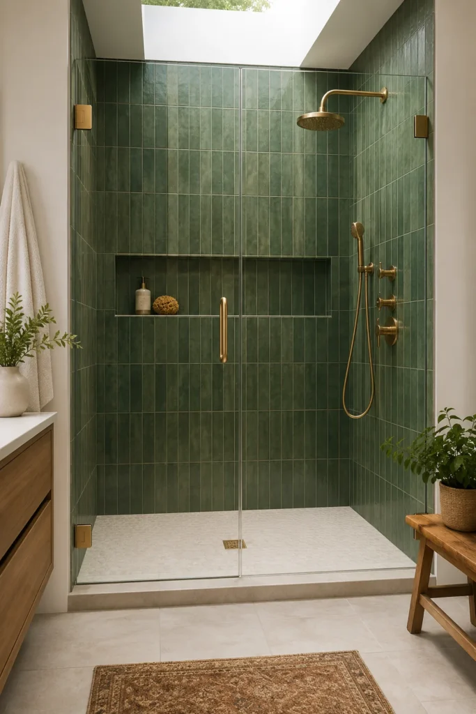 Modern bathroom with a green tile shower, clear glass shower door, brushed gold shower fixtures, neutral floor tile, and a spa-inspired design.