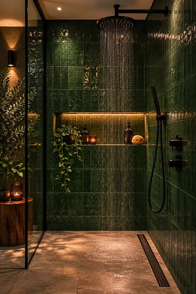 Photorealistic vertical view of a dramatic modern shower room featuring floor-to-ceiling deep green ceramic tiles, a built-in recessed bath shelf niche with warm ambient lighting, matte black shower fixtures, and a luxurious spa-inspired atmosphere.
