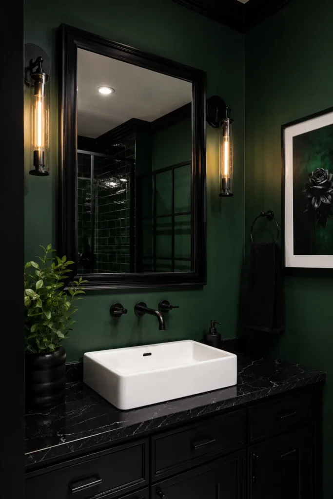 Vertical realistic interior photograph of a modern bathroom with dark green walls, a large black-framed mirror, matte black fixtures, a white rectangular vessel sink on a black vanity, and dramatic contemporary décor illuminated by warm lighting.
