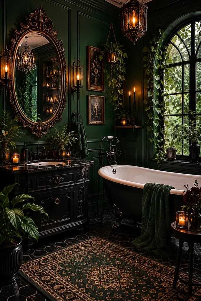 Gothic-style bathroom with dark green walls, ornate vintage mirror, black fixtures, and moody ambient lighting.