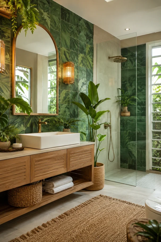 Tropical bathroom with leafy green tiles, wood vanity, plants, woven basket, and glass shower.