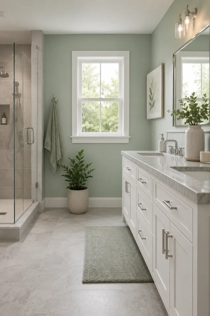 Realistic light green and grey bathroom with soft green walls, grey floor tiles, a white vanity, silver fixtures, and a bright, calming design.