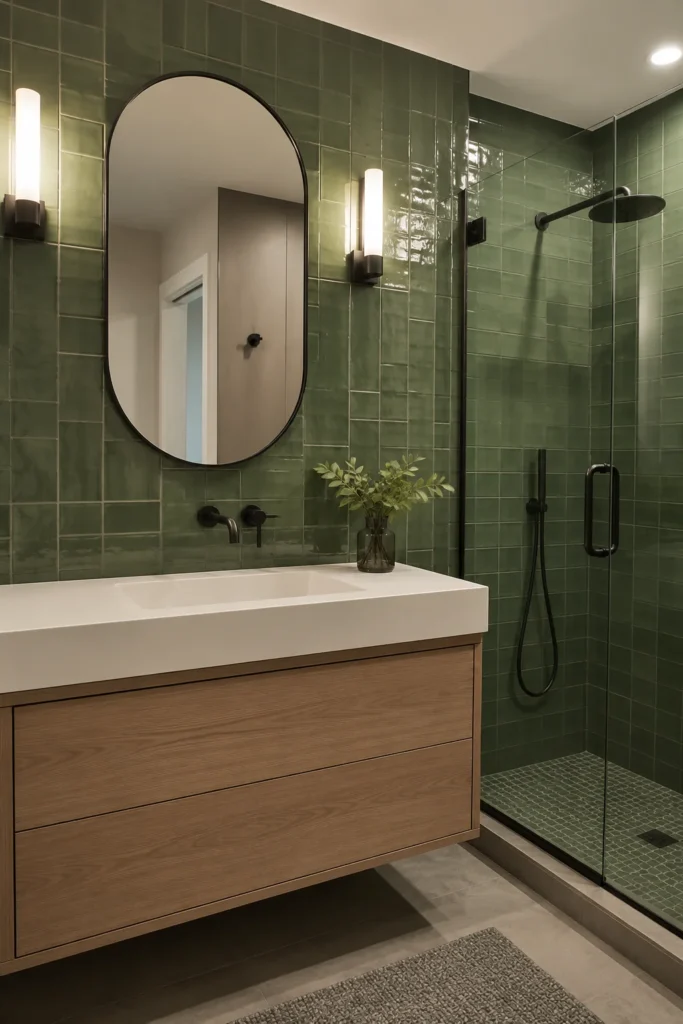 Modern bathroom with glossy jade green wall tiles, black faucet, sleek mirror, and minimalist vanity.