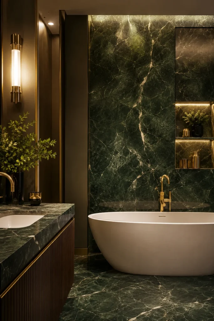 Luxury bathroom with dark green marble walls, gold fixtures, a white freestanding bathtub, and warm ambient lighting.