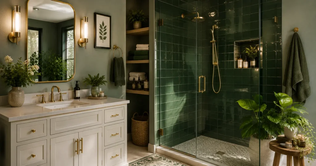 17 Green Bathroom Ideas with Tiles & Gold Fixtures