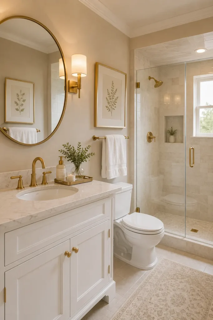Small beige and white guest bathroom with a white vanity, round gold-framed mirror, brass faucet, neutral tile shower, white towels, decorative soap tray, greenery, and warm lighting creating a soft luxury atmosphere.