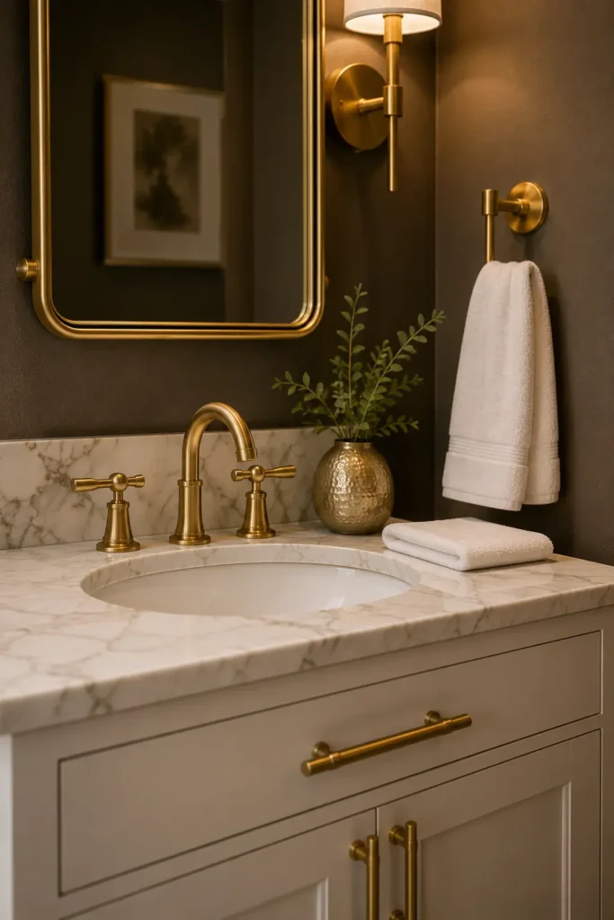 Small luxury guest bathroom with a cream vanity, marble-look countertop, gold faucet, gold-framed mirror, brass wall sconces, folded white towels, and elegant beige walls with upscale decor.