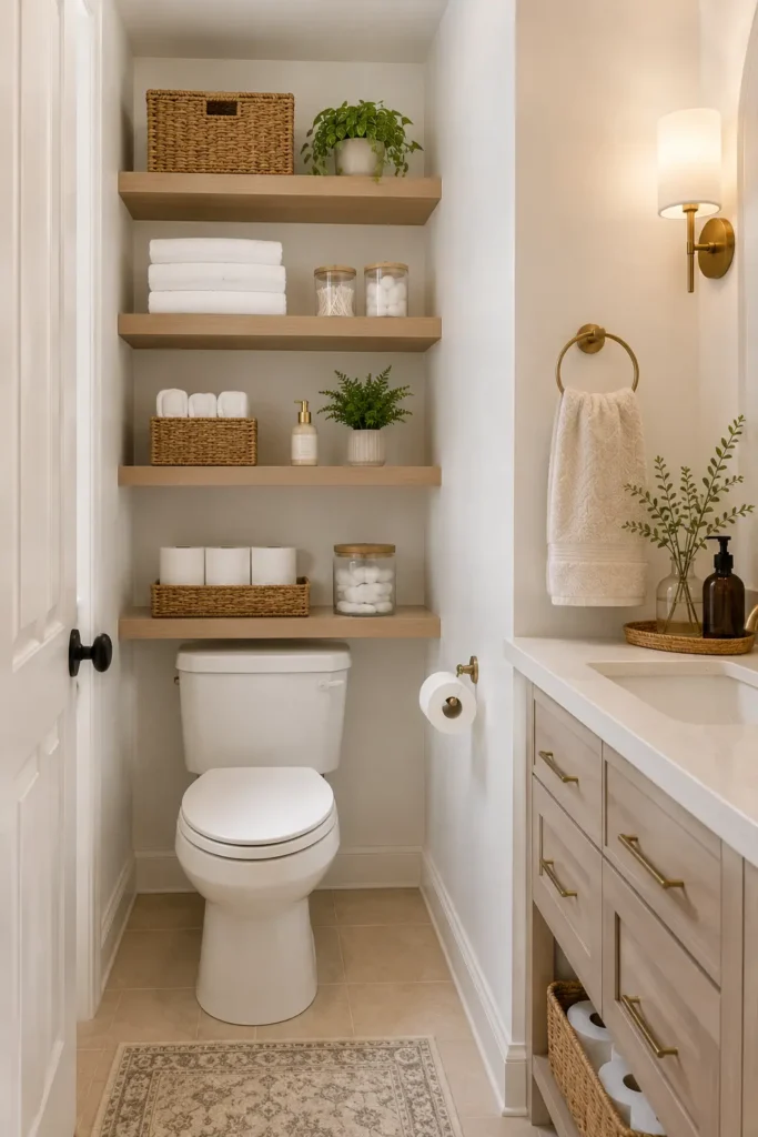Narrow guest bathroom featuring open oak shelves above the toilet with stacked white towels, woven baskets, glass jars, extra toilet paper, and a slim vanity with organized storage drawers.