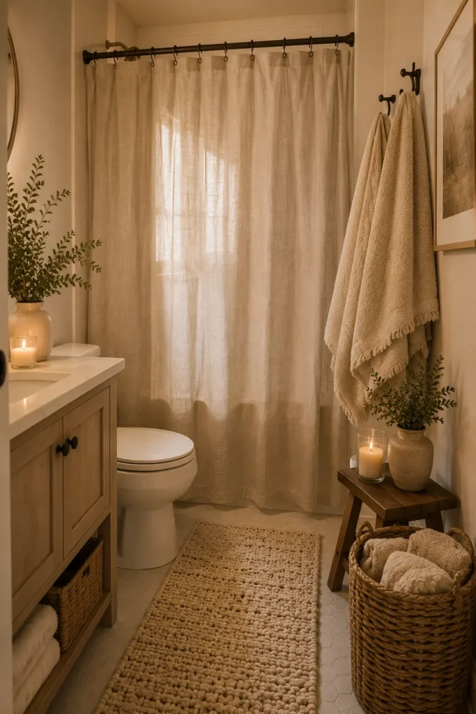 Warm guest bathroom featuring a fabric shower curtain, plush beige towels, woven basket, textured bath mat, wooden stool, and soft cream walls illuminated by natural light.
