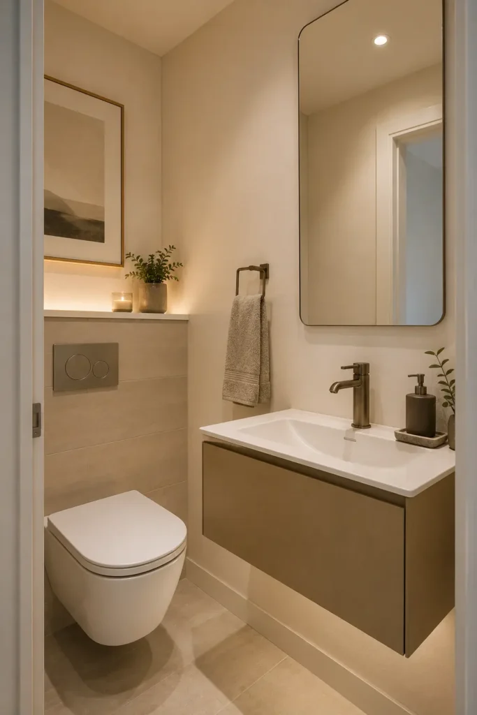 Small modern guest bathroom with a floating vanity, sleek faucet, frameless mirror, neutral beige walls, wall-mounted toilet, and minimal decor in a clean contemporary layout.