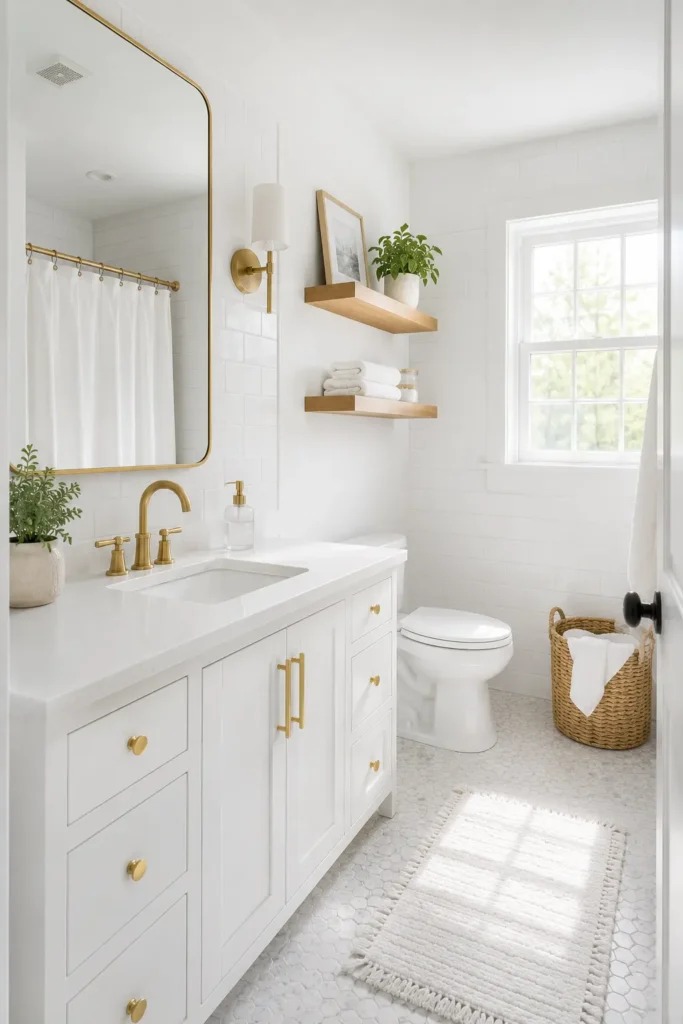 Bright white guest bathroom with a white vanity, subway tile walls, large mirror, white towels, woven basket, floating wood shelves, greenery, and subtle gold accents illuminated by natural daylight.