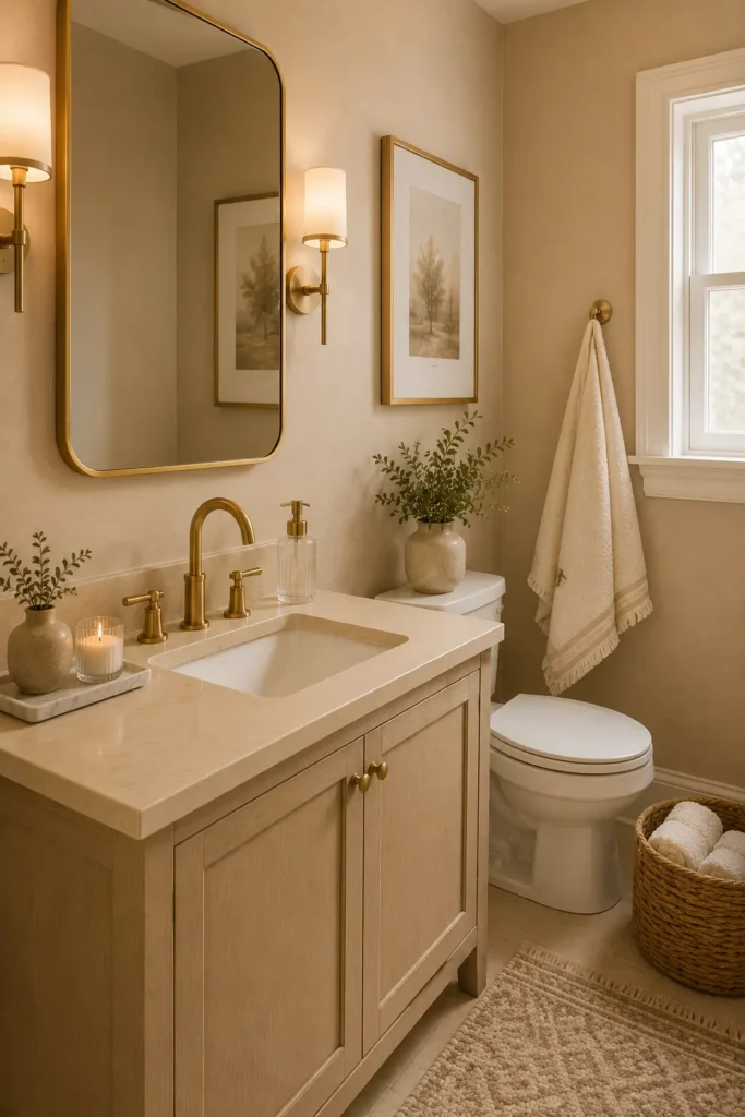 Elegant guest bathroom with beige walls, a light wood vanity, gold faucet, gold-framed mirror, cream towels, marble tray, woven basket, and warm ambient lighting.