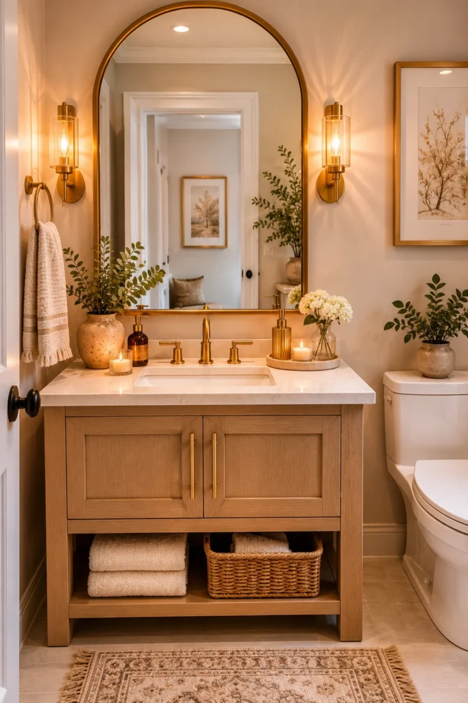 Small guest bathroom featuring a large arched statement mirror above a compact wood vanity, warm wall sconces, brass faucet, soft neutral decor, and reflective surfaces that make the space feel brighter and larger.