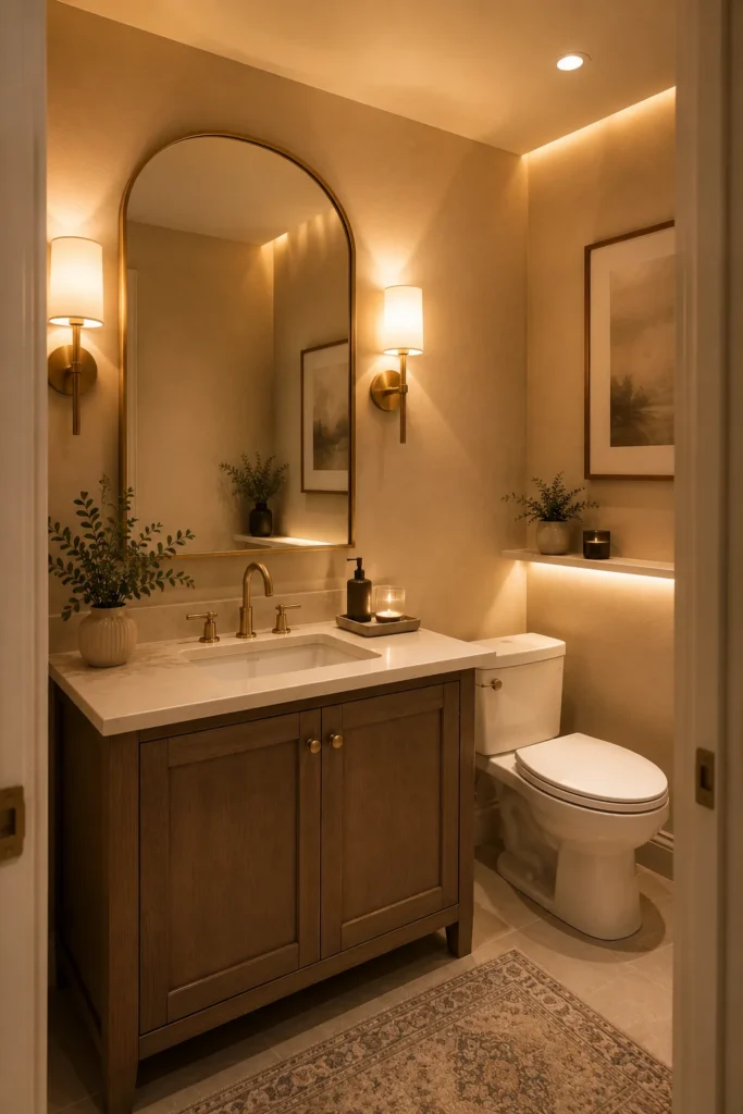 Warmly lit guest bathroom with elegant wall sconces beside an arched mirror, a wood vanity, neutral walls, soft accent lighting, and cozy decor creating a bright and inviting atmosphere.