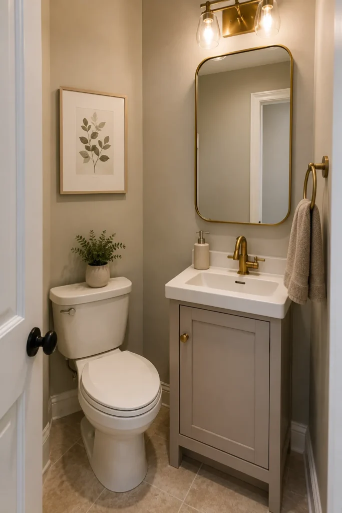 Tiny guest powder room with a compact vanity, small sink, toilet, wall mirror, towel ring, neutral beige walls, and minimal decor designed for an elegant small-space layout
