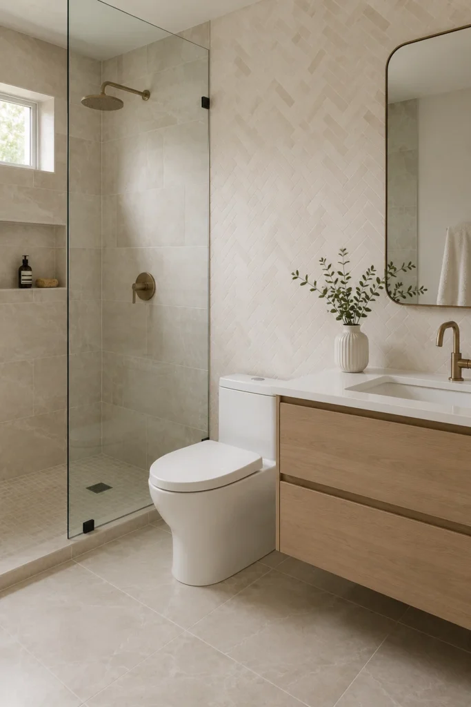 Modern guest bathroom featuring beige and cream neutral tiles on the walls, floor, and shower area, with a floating wood vanity, frameless glass shower, and subtle natural decor.