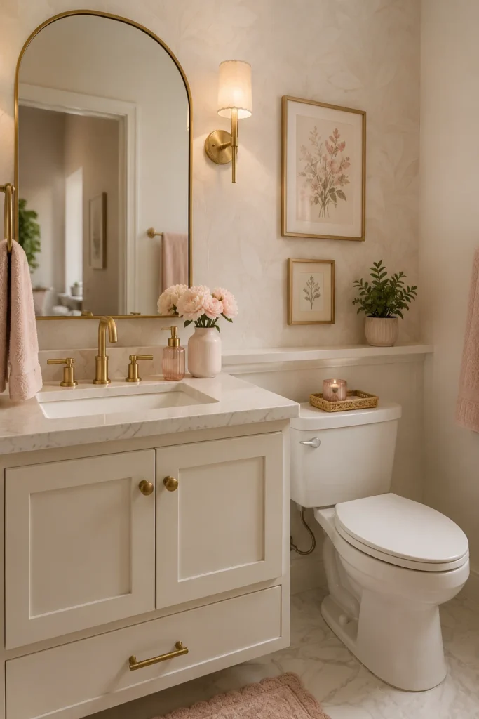 Charming guest bathroom with blush pink accents, gold hardware, a curved mirror, floral wall art, fresh flowers, soft towels, and elegant feminine decor in a warm neutral setting.