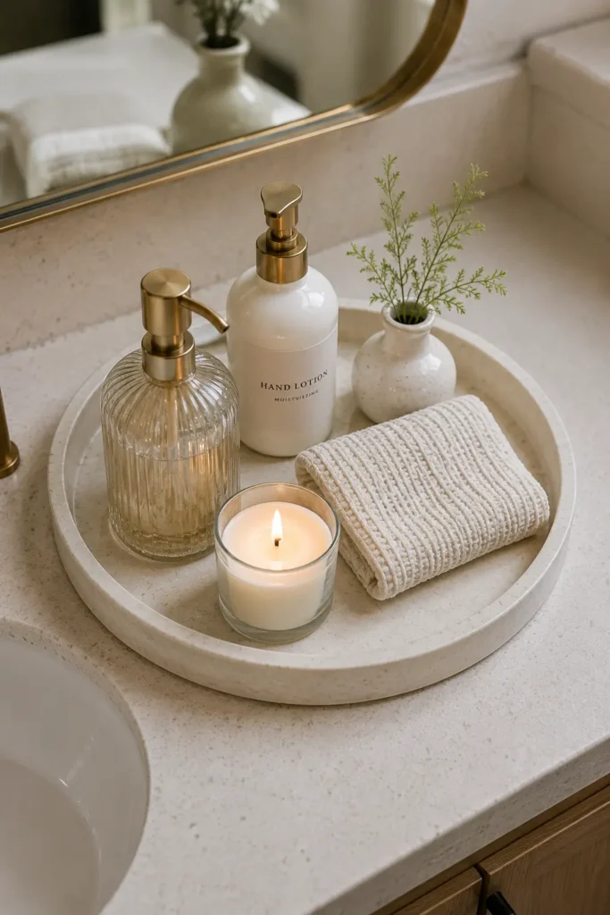 Round ceramic vanity tray styled with a glass soap dispenser, hand lotion bottle, small candle, folded waffle towel, and decorative vase on a light stone bathroom countertop.