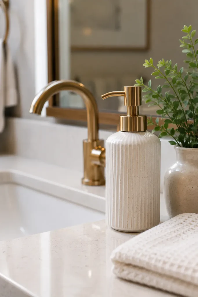 Elegant ceramic soap dispenser with a brushed brass pump beside a modern bathroom faucet, styled on a clean quartz countertop with a folded waffle towel and subtle greenery.
