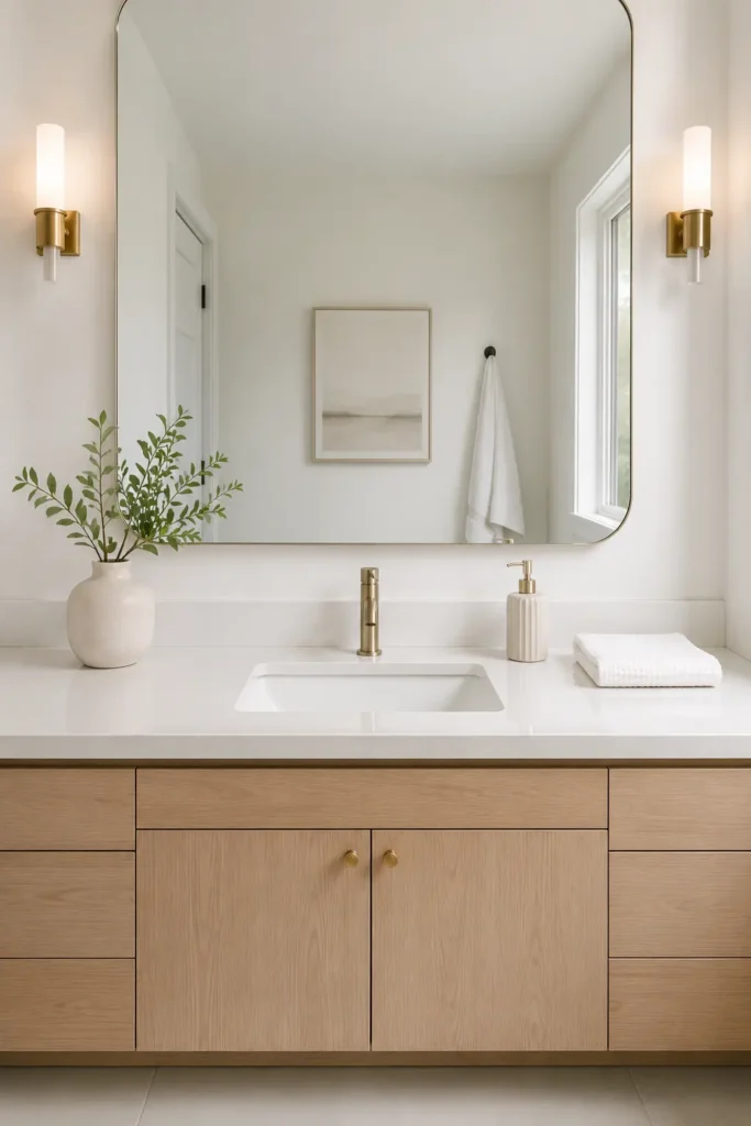 Minimalist bathroom vanity with a smooth white countertop, large mirror, simple soap dispenser, folded white towel, and a small decorative vase, styled with plenty of open counter space.