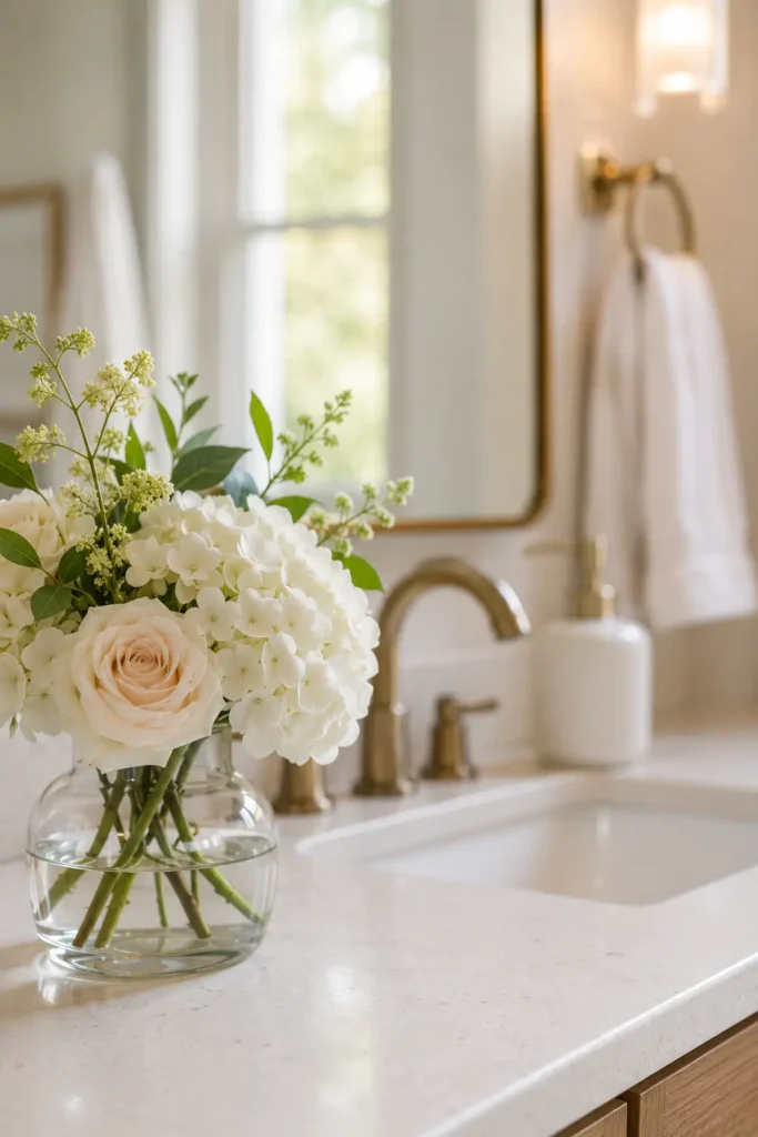 Large arrangement of white hydrangeas and blush roses in a clear glass vase on a bathroom countertop, with a softly blurred mirror, sink, and brass faucet in the background.