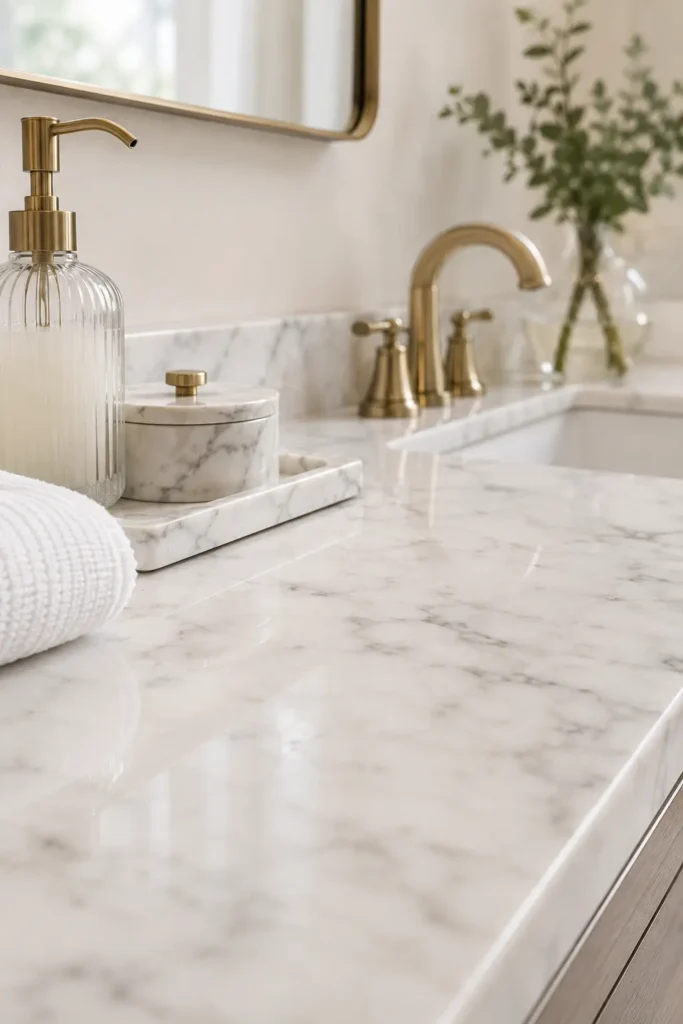 White marble bathroom countertop with soft gray veining, styled with a glass soap dispenser, marble tray, folded white towel, and brushed brass fixtures, photographed from a low angle to highlight the stone surface.