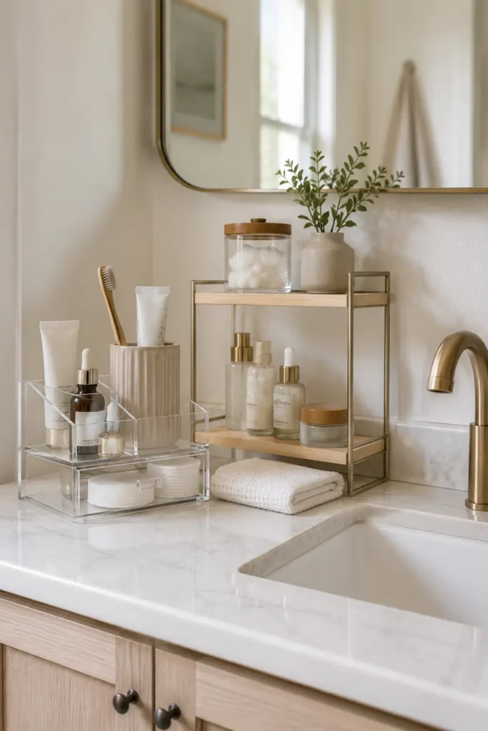 Organized bathroom countertop featuring a clear acrylic organizer, small shelf riser, cotton jar, skincare bottles, toothbrush holder, and folded towel arranged neatly beside a modern sink.