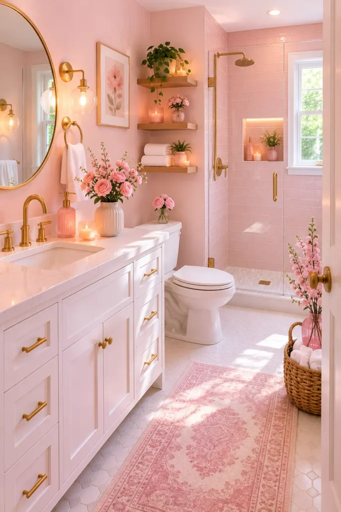 Bright light pink bathroom with soft blush walls, a white vanity, round gold-framed mirror, brass fixtures, fluffy pink rug, white towels, and natural daylight creating a calm, airy atmosphere.