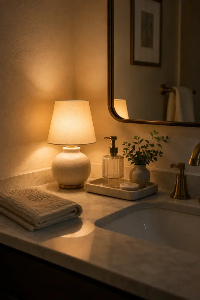 Small ceramic table lamp glowing warmly on a bathroom countertop beside a decorative tray, glass soap dispenser, folded towel, and brass faucet, creating a cozy spa-like atmosphere.