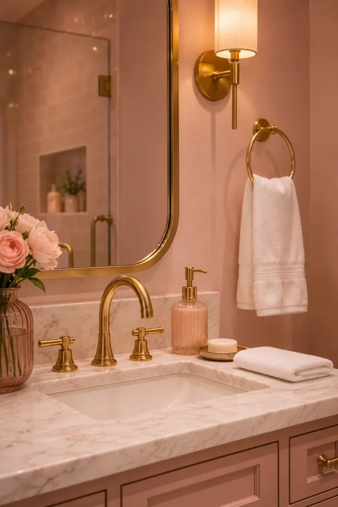 Elegant blush pink bathroom vanity with a marble countertop, brushed gold faucet, gold-framed mirror, gold towel ring, warm wall sconce, white hand towel, and refined luxury styling.