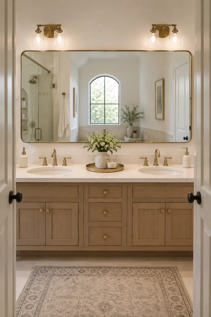 Symmetrical double-sink bathroom vanity with matching soap dispensers, a large mirror, warm wood cabinetry, gold fixtures, and a centered decorative tray with flowers creating a balanced and elegant countertop design