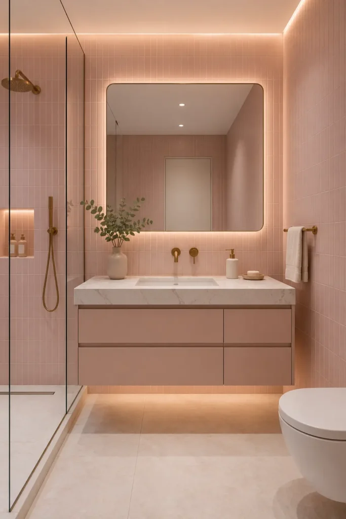 Modern blush pink bathroom with a floating vanity, marble countertop, sleek rectangular mirror, blush wall tiles, integrated lighting, brass fixtures, and a clean minimalist layout.