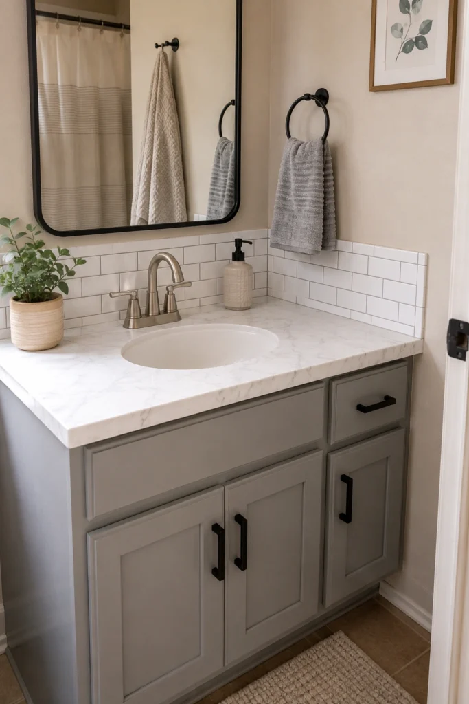 Updated bathroom vanity featuring painted gray cabinet doors, modern black hardware, a refreshed faucet, simple mirror, peel-and-stick backsplash, fresh towels, and affordable countertop styling in a realistic home bathroom.