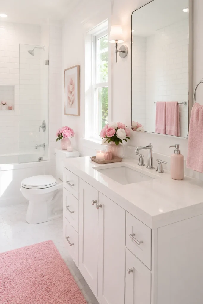 Bright pink and white bathroom with white subway tile walls, a white vanity, large mirror, soft pink towels, pastel accessories, fresh flowers, and natural daylight creating a clean and airy atmosphere.