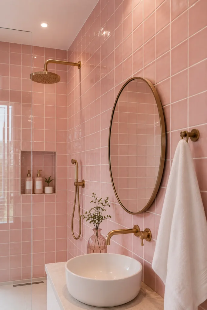 Stylish bathroom featuring glossy blush pink wall tiles, visible grout lines, a white vessel sink, brass fixtures, a round mirror, and a minimalist design that highlights the pink tile statement wall.