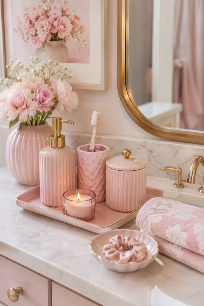 Close-up of a pink bathroom vanity styled with pastel soap dispensers, blush storage jars, folded pink towels, a decorative tray, candle, floral artwork, and soft feminine accessories.