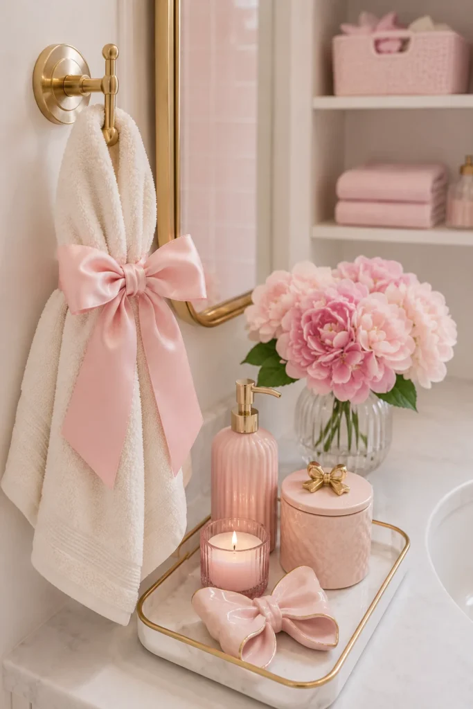 Elegant bathroom vignette featuring a cream hand towel tied with a soft pink satin bow, blush pink vanity accessories, a decorative tray, candle, floral arrangement, and gold accents.