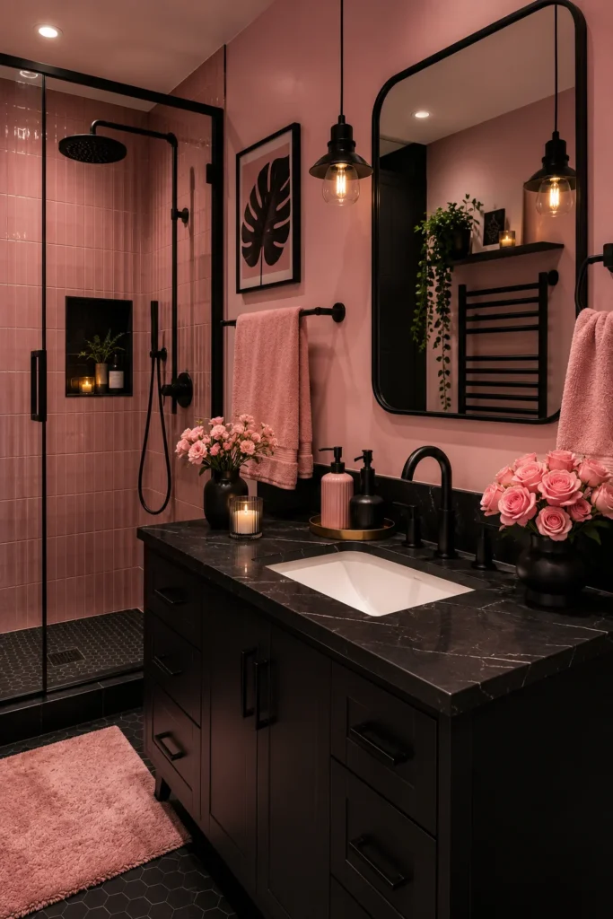 Modern pink and black bathroom featuring blush pink wall tiles, a matte black vanity, black-framed mirror, black faucet, white countertop, and dramatic contrast styling with contemporary fixtures.