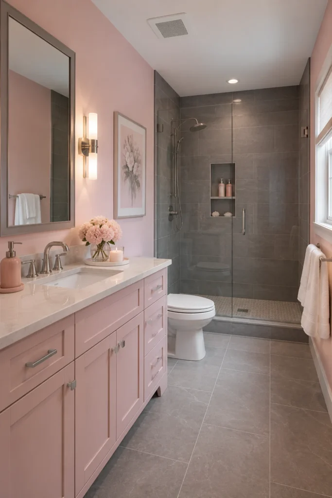 Modern pink and grey bathroom featuring a blush pink vanity, soft pink walls, gray floor tiles, gray shower wall, brushed nickel fixtures, white towels, and a calm contemporary design.