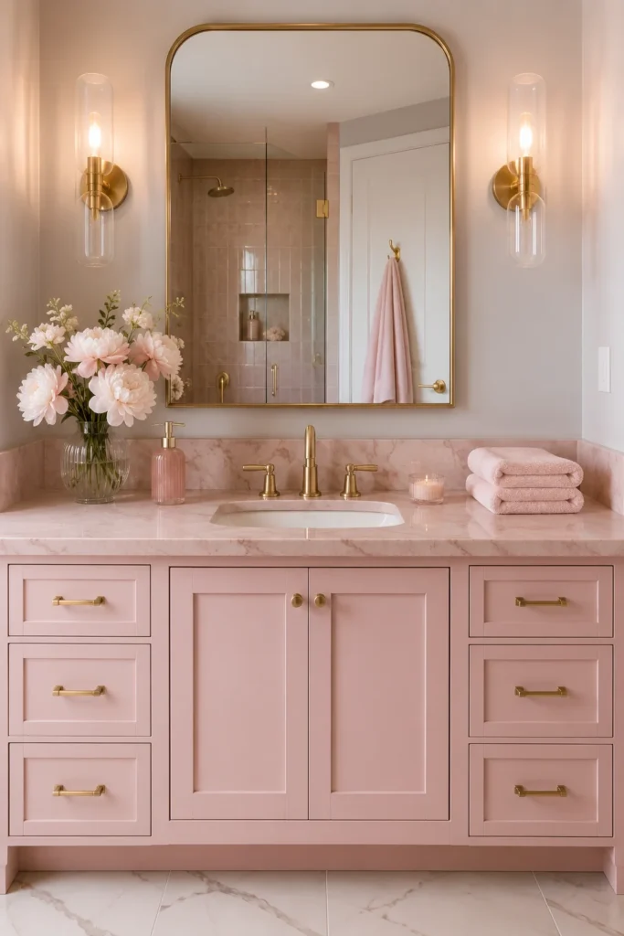 Elegant blush pink bathroom vanity with a matching pink marble-look countertop, gold faucet, gold cabinet hardware, large mirror, fresh flowers, and neatly folded towels in a modern luxury bathroom.