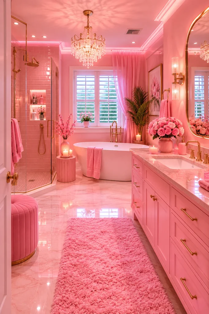 Luxurious all-pink bathroom featuring blush walls, pink tilework, a pink vanity, freestanding pink bathtub, gold fixtures, soft pink textiles, and layered rosy decor creating a glamorous dream-home interior.