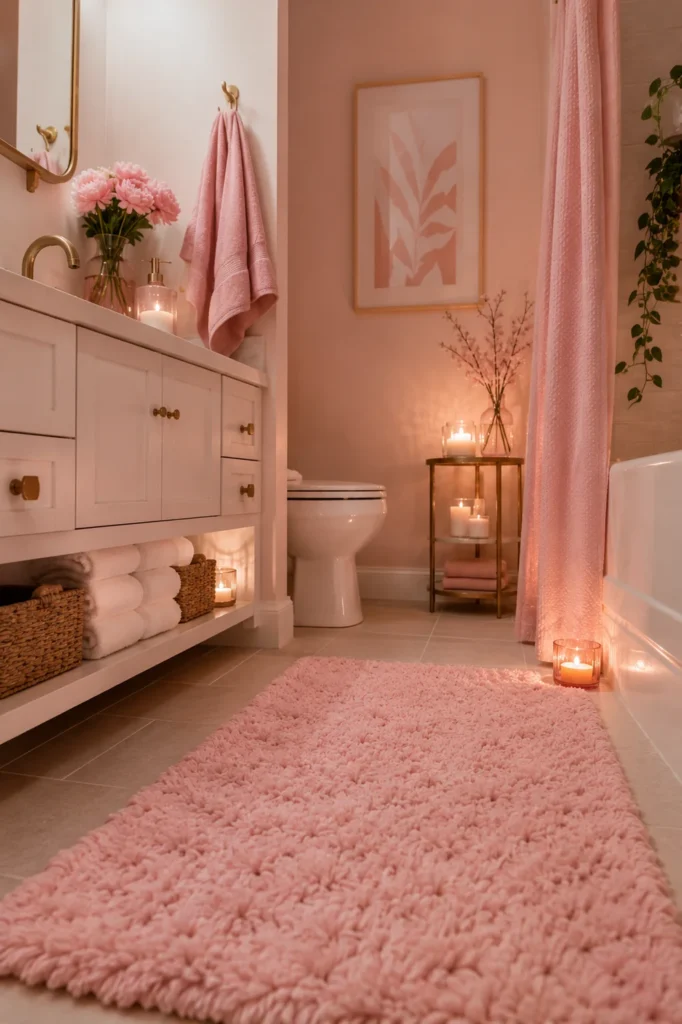 Cozy pink bathroom with a plush blush bath rug, soft pink towels, warm candlelight, pastel accessories, woven storage baskets, and gentle ambient lighting creating a comfortable and inviting atmosphere.